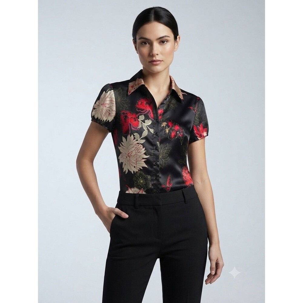 VTG Wet Seal Floral Button Up Shirt Medium Black Silk Satin Shiny Top Grunge Y2K
